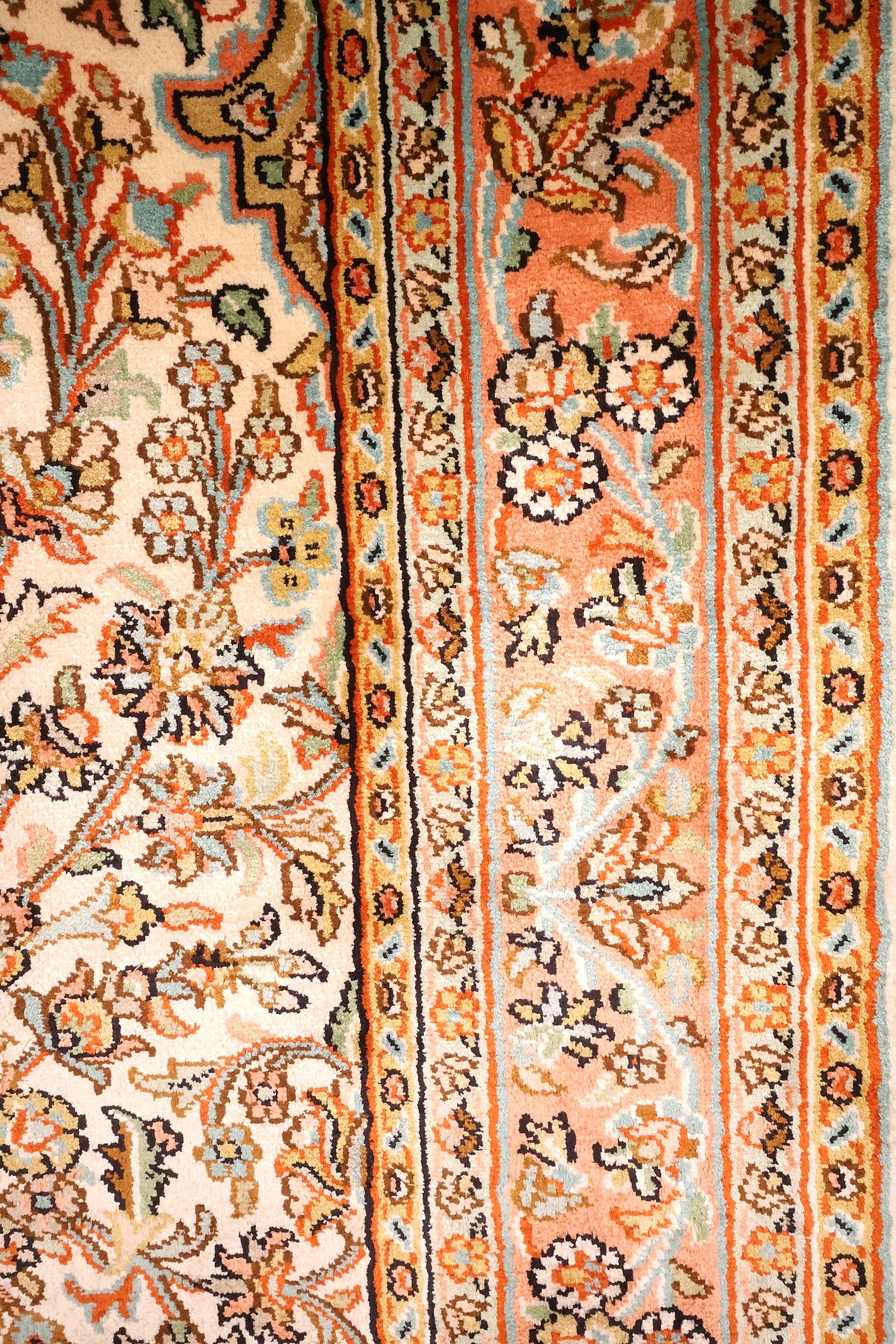 Bordure rose saumon à rinceaux floraux et contre-bordures étroites du tapis Cachemire