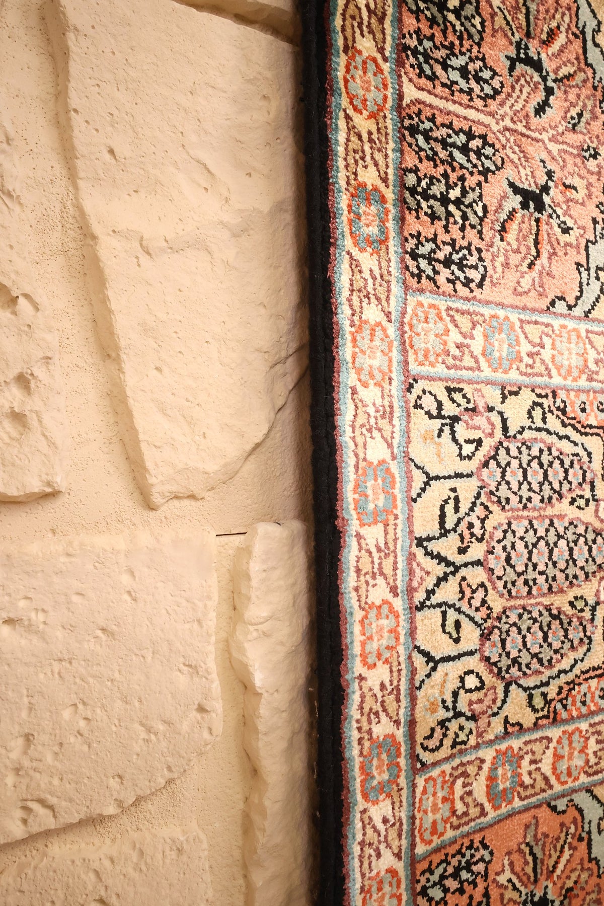 Lisière sombre du tapis Cachemire rose, bordure à boteh en gros plan