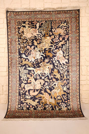 Tapis Cachemire bleu 186 × 125 cm en soie, vue d'ensemble de la scène de chasse