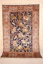 Tapis Cachemire en soie bleu 186 × 126 cm, vue d'ensemble de la scène de chasse