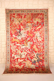 Tapis Cachemire rouge en soie 188 × 123 cm, vue d'ensemble de la scène de chasse