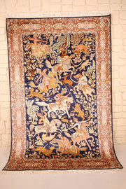 Tapis Cachemire bleu 192 × 127 cm, scène de chasse en soie, vue d'ensemble