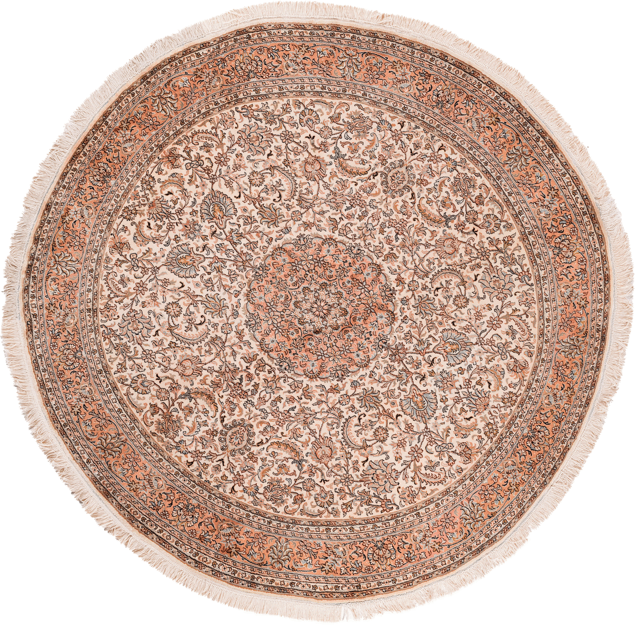 Tapis rond Cachemire et Soie fait main en Inde – vue de face, diamètre 188 cm – Baba Rug, Paris
