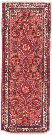 Tapis de couloir Nahavand Iran rouge motifs floraux 210x80cm fait main avec motifs persans traditionnels