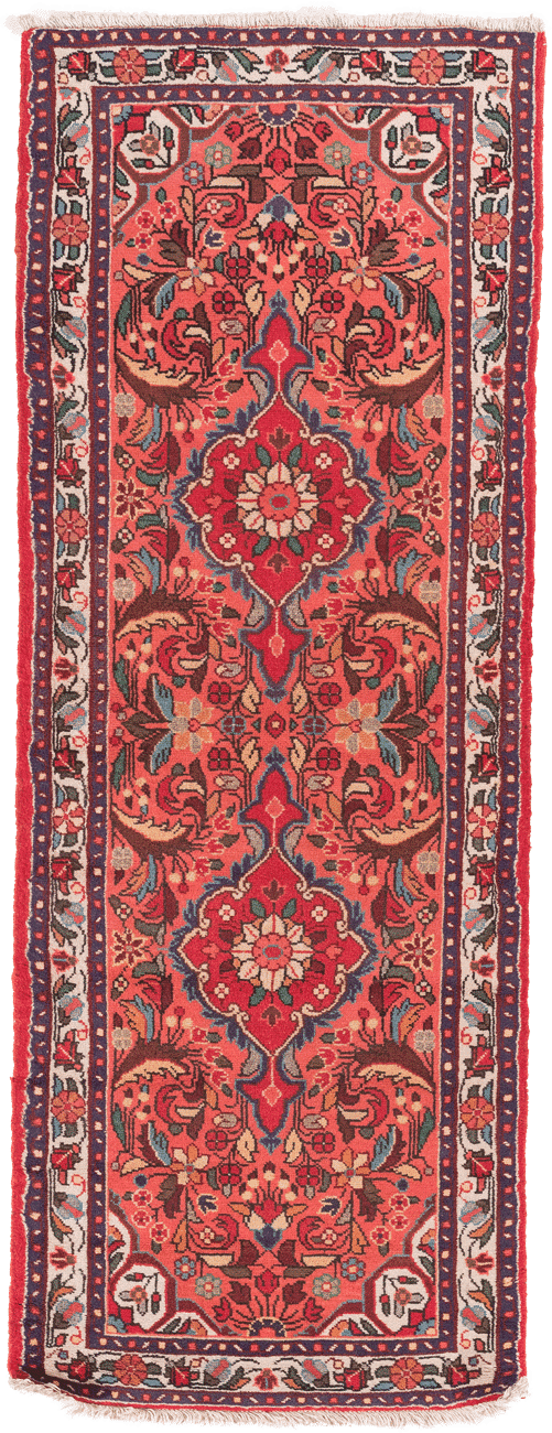Tapis de couloir Nahavand Iran rouge motifs floraux 210x80cm fait main avec motifs persans traditionnels
