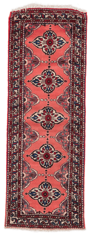 Tapis de couloir Nahavand Iran rouge motifs géométriques 190x70cm fait main avec motifs persans traditionnels
