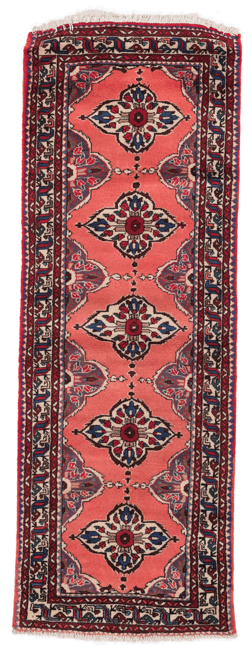 Tapis de couloir Nahavand Iran rouge motifs géométriques 190x70cm fait main avec motifs persans traditionnels
