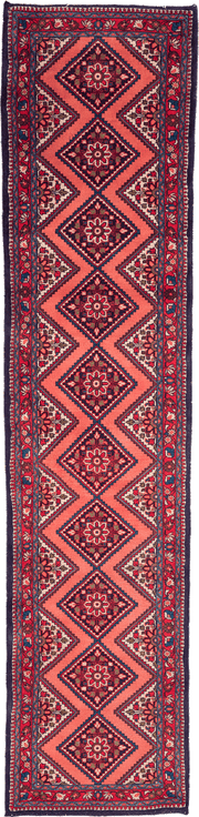 Tapis de couloir Nahavand Iran rouge motifs géométriques 300x70cm fait main avec motifs persans traditionnels
