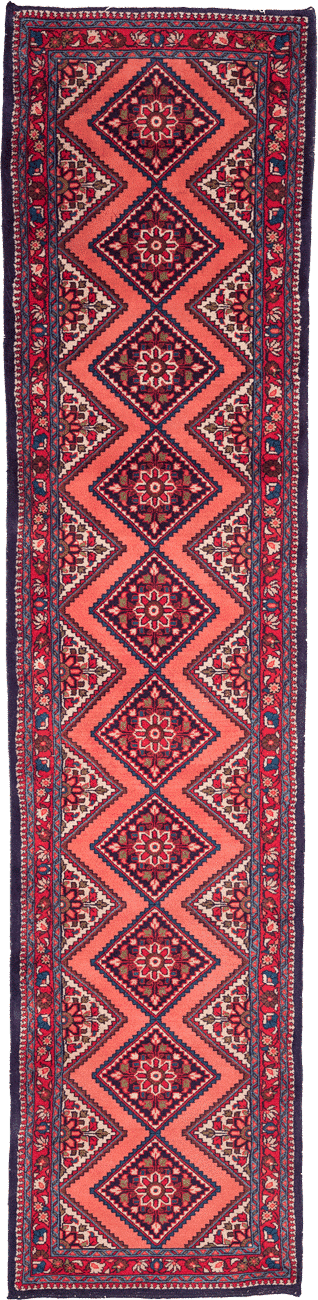 Tapis de couloir Nahavand Iran rouge motifs géométriques 300x70cm fait main avec motifs persans traditionnels
