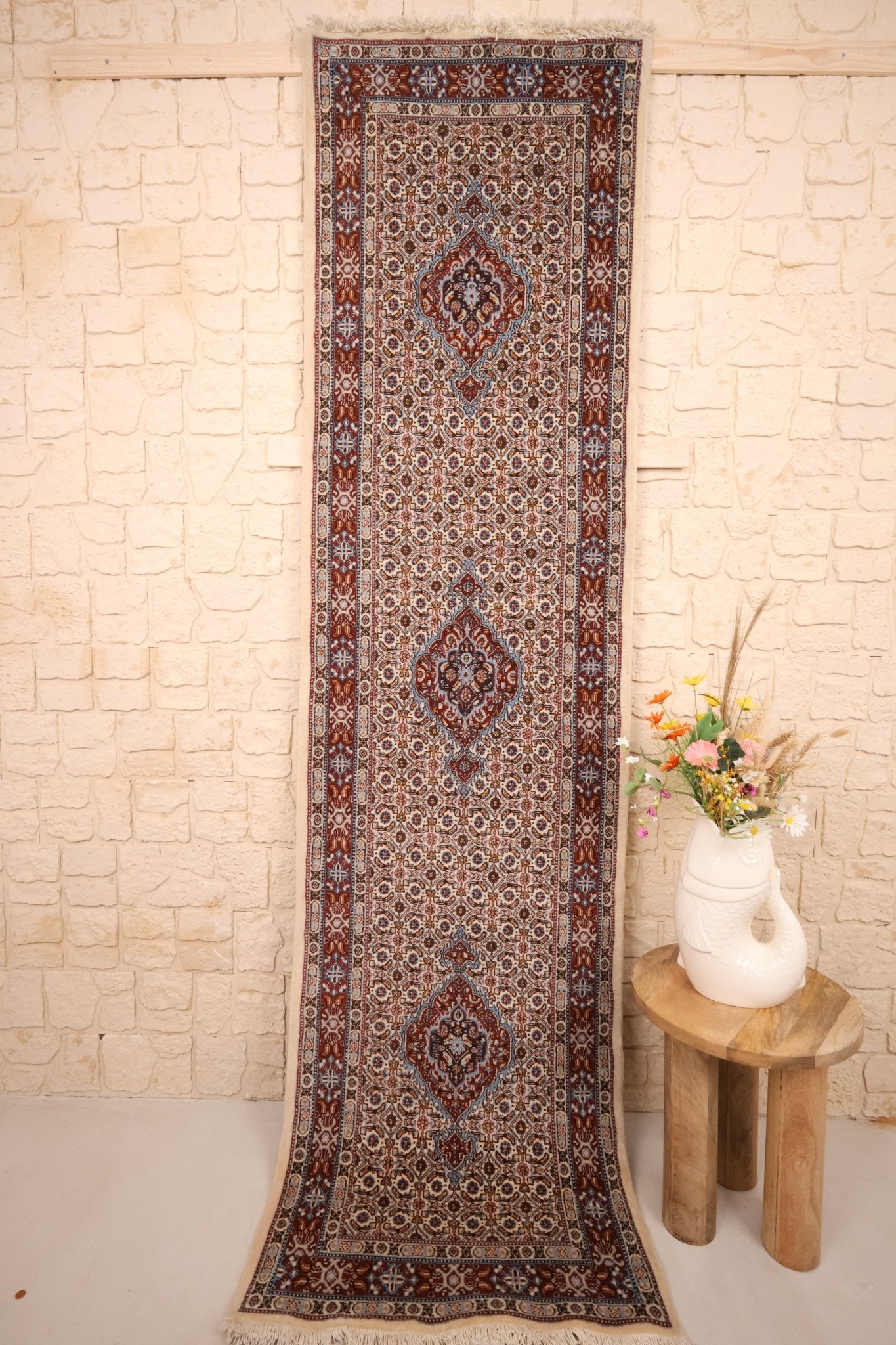 Tapis d'orient Moud en laine noué main, 292 x 80 cm, couloir, motifs floraux fins — Baba Rug