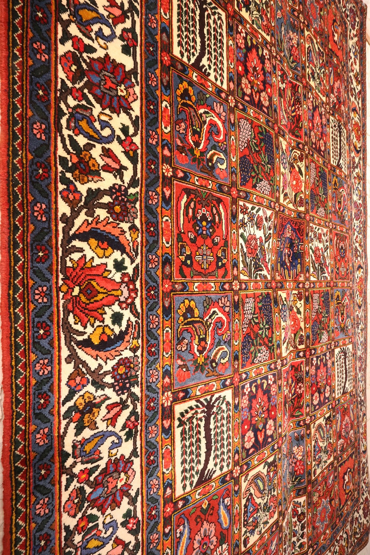 Vue en biais du tapis Djahad rouge et bleu, compartiments aux arbres et bordure fleurie