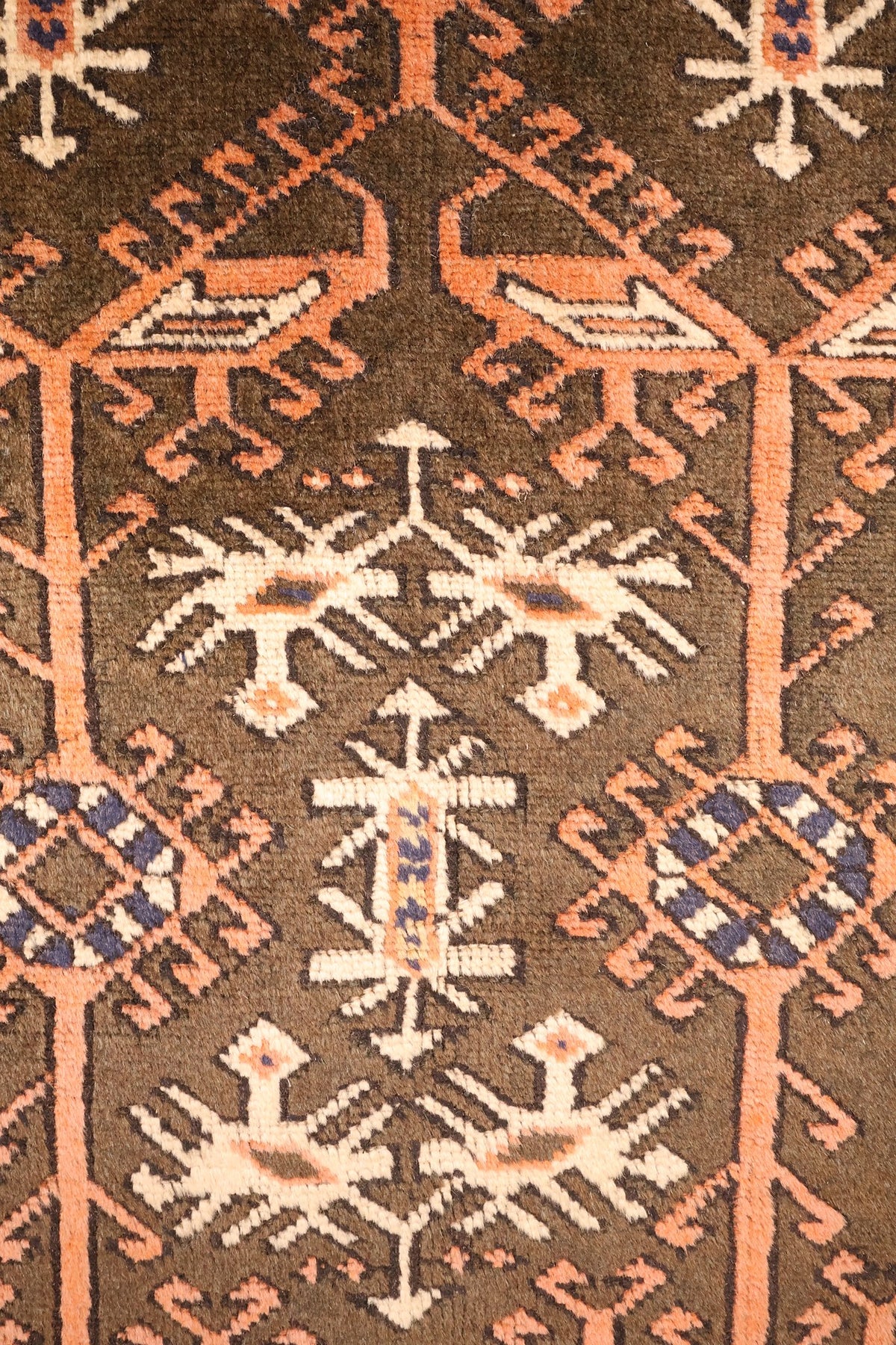 Détail des arbres et formes d'oiseaux ivoire et saumon du tapis Dodgem Alti marron