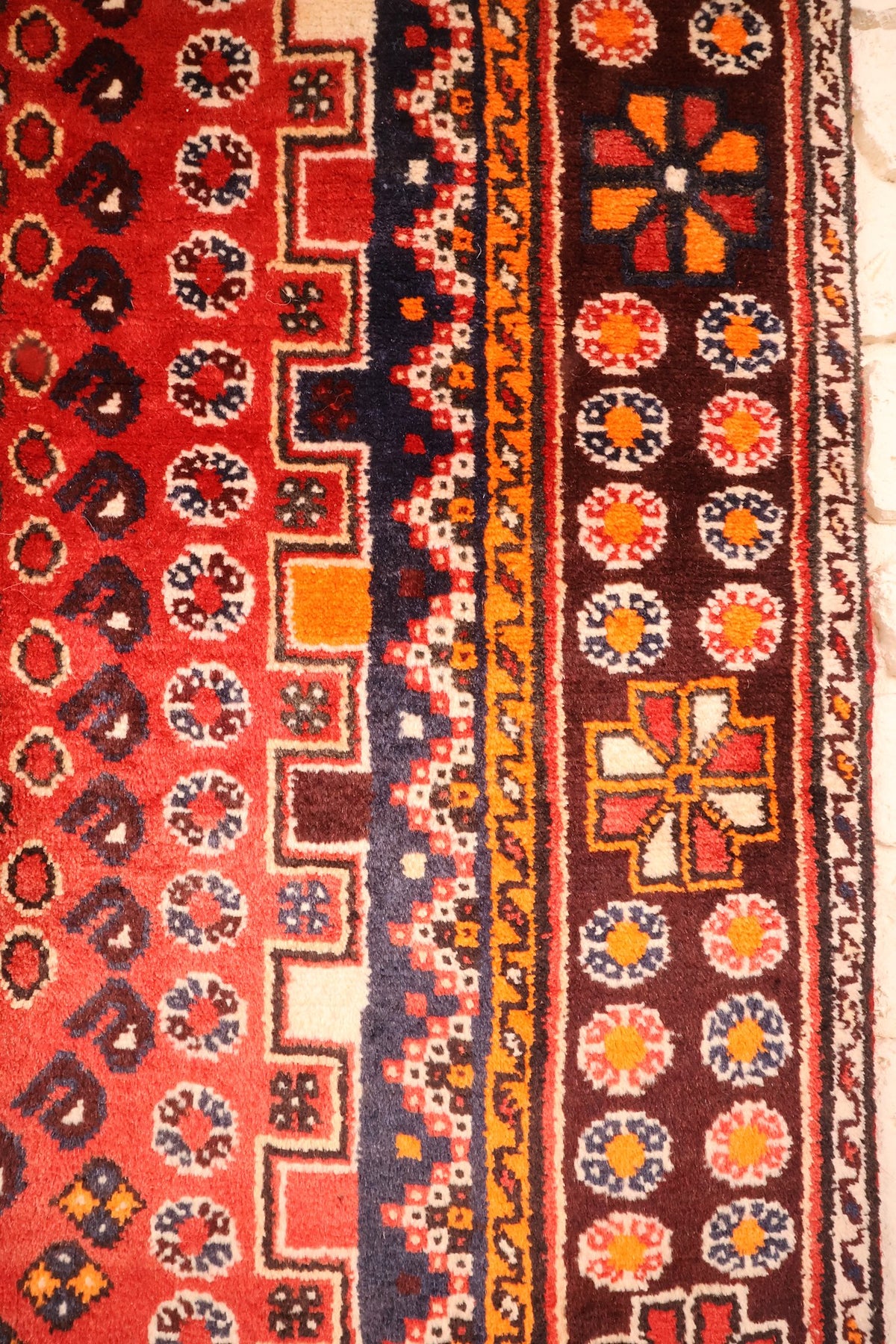 Bordure brune à rosettes rondes et contre-bordures orange et bleues, en détail