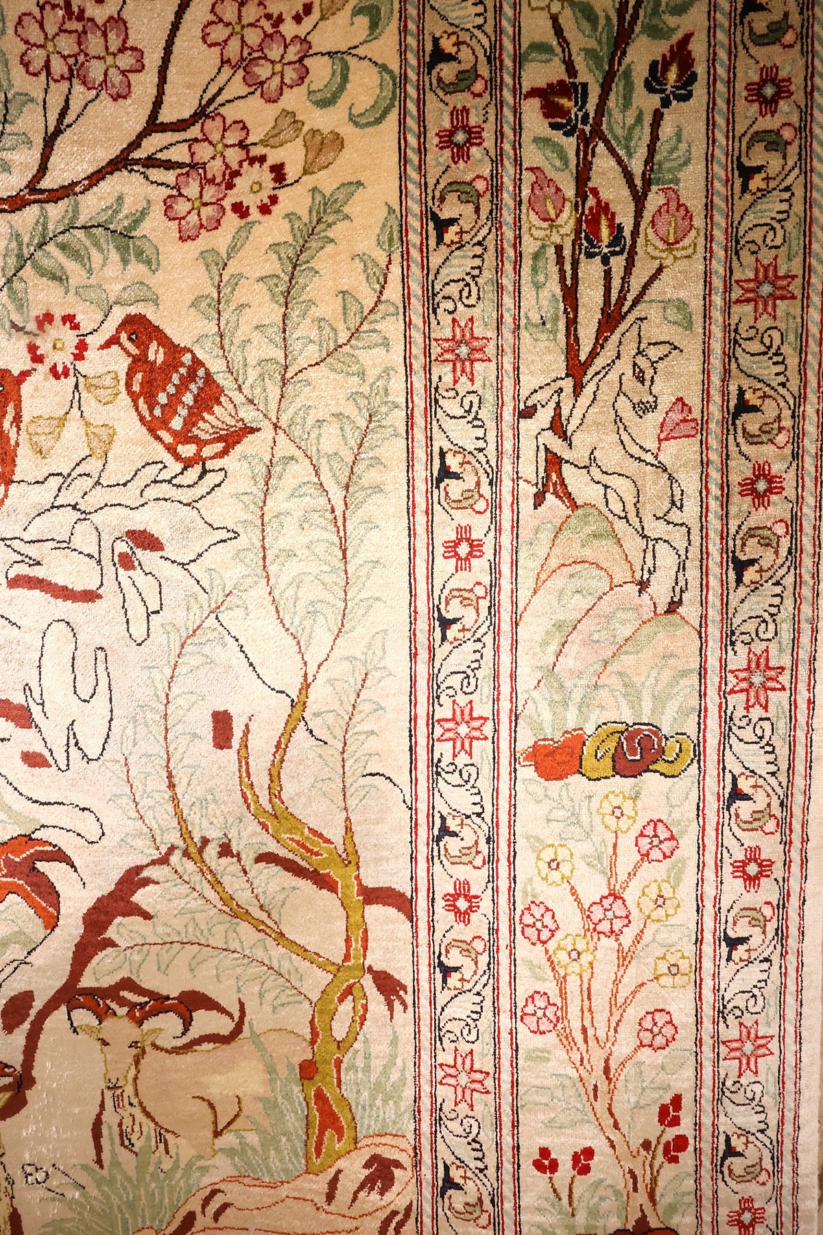Contre-bordures étroites et champ ivoire du tapis Ghoum, rouge et vert pâle