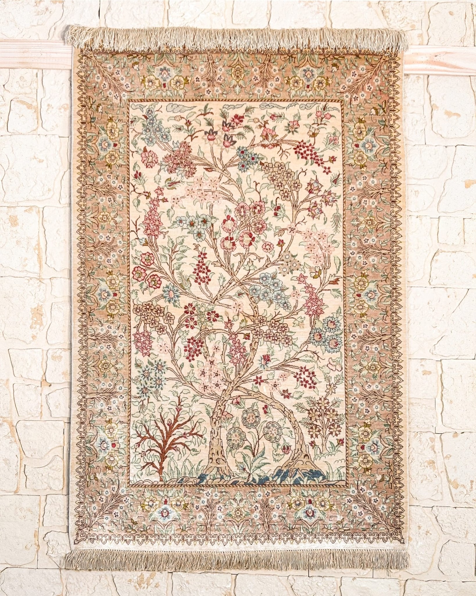 Tapis Ghoum persan 100% soie motif Arbre de Vie 120x80 cm noué main Iran