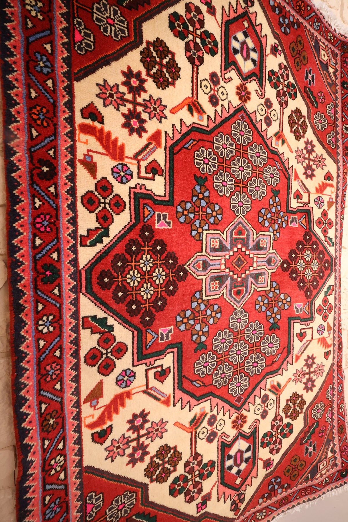 Vue de biais rapprochée du tapis Hamadan rouge, médaillon fleuri et bordures à dents de scie