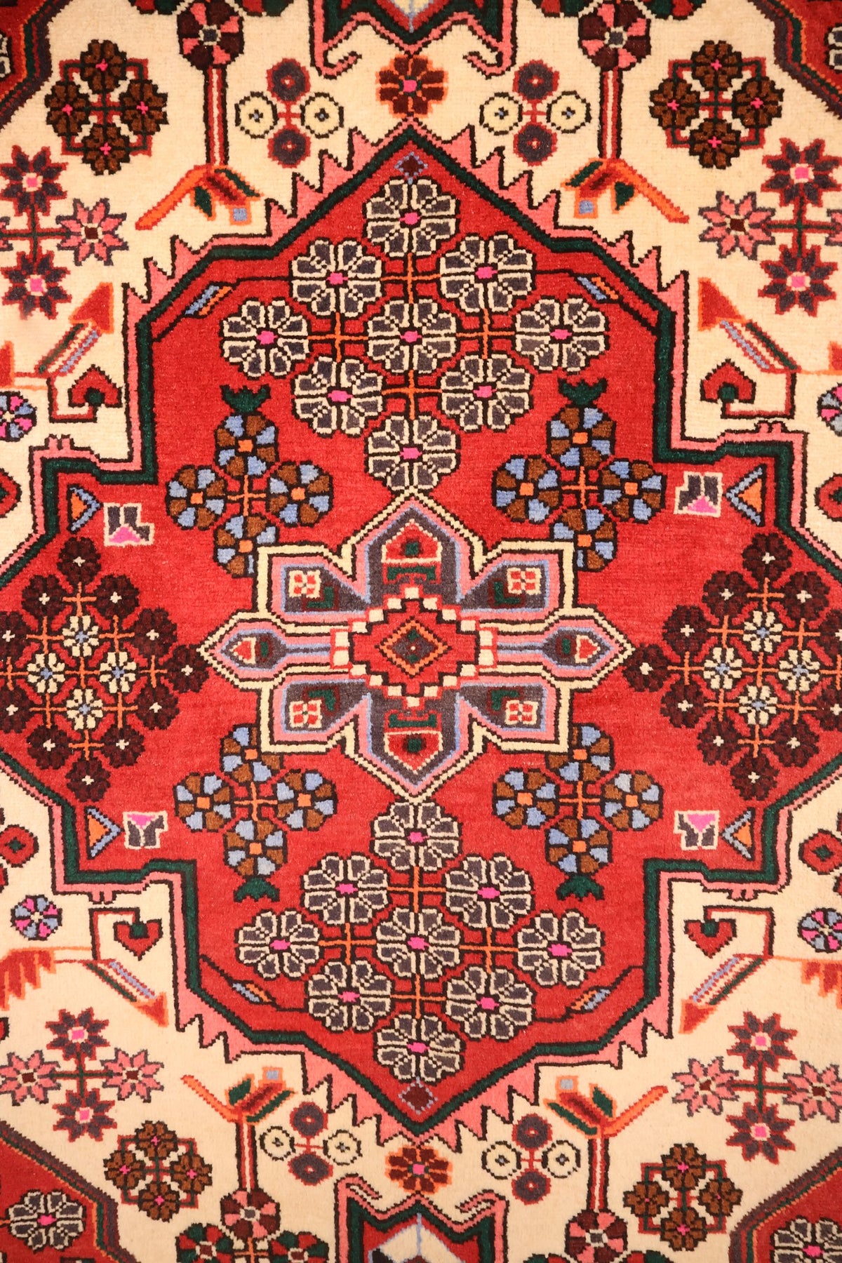 Détail du médaillon rouge du tapis Hamadan, rosettes crème, bleu clair et brun