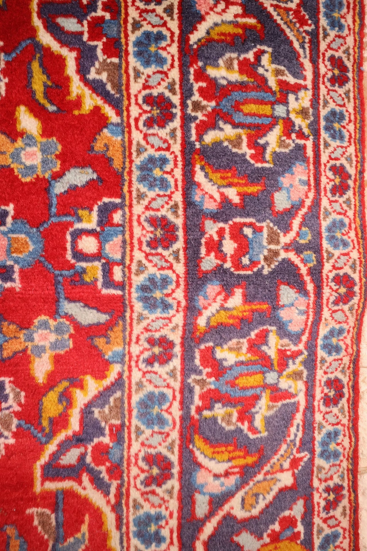 Bordure bleu-violet à palmettes et contre-bordures ivoire à rosettes bleues, tapis Kashan