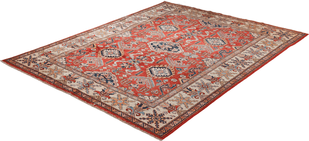 Vue allongé sur le sol tapis kazak 244x192cm origine pakistan, motifs orientaux beiges et rouges