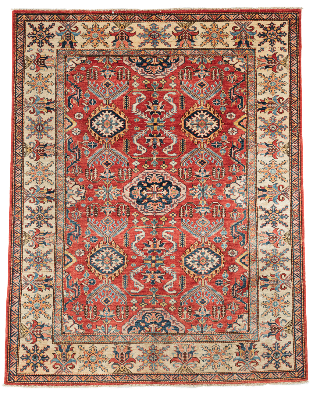 Tapis Kazak Pakistan fait main en laine – vue de face, 244 × 192 cm – Baba Rug, Paris 
