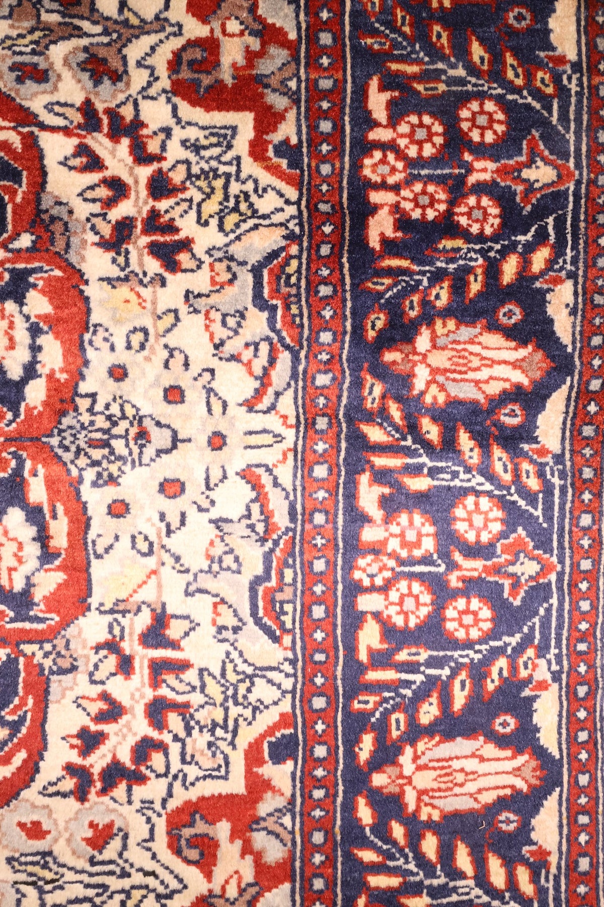 Bordure bleu marine à rosettes et contre-bordures rouges du tapis Pendjab
