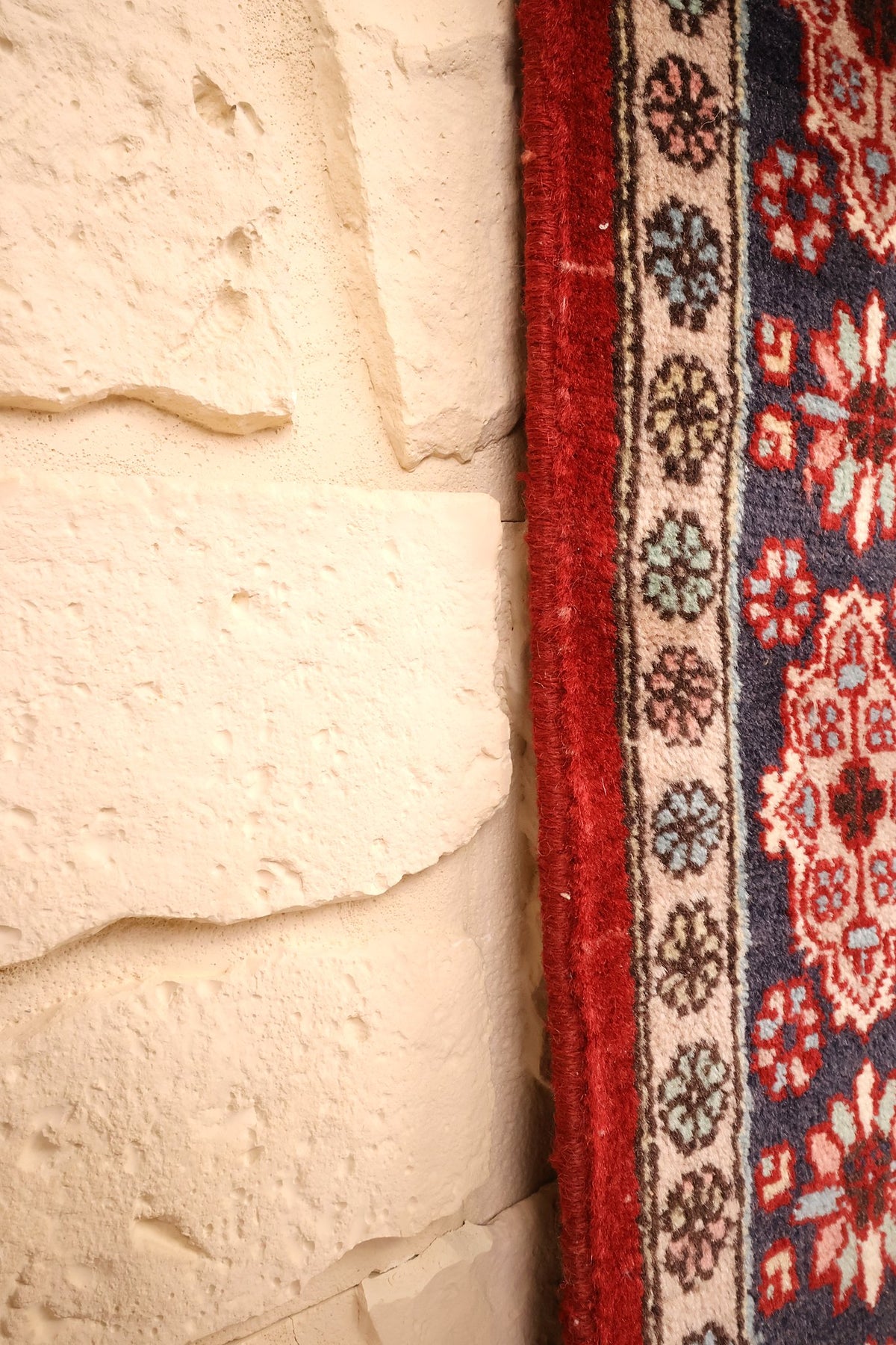 Bord latéral du tapis Pendjab rouge, rosettes beiges le long de la bordure bleue