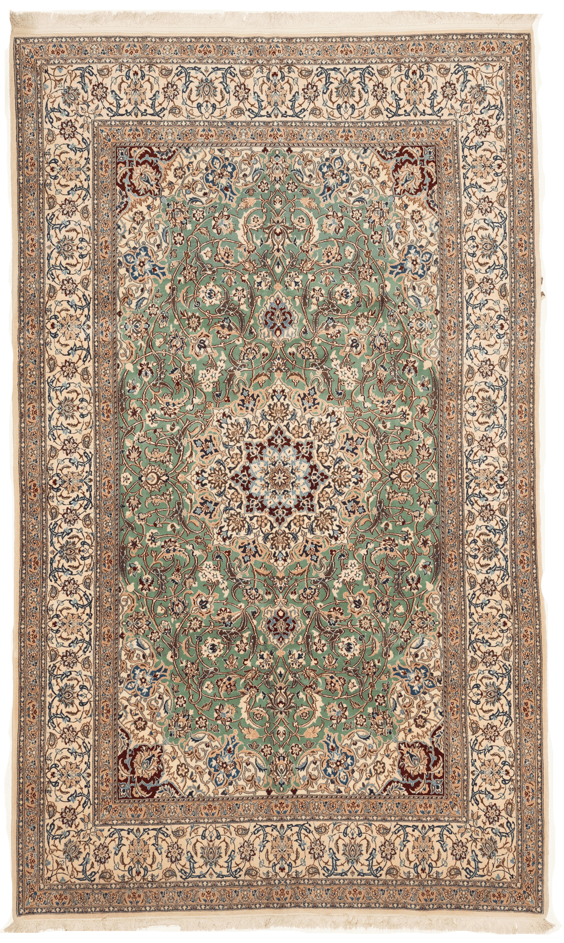 Grand tapis Naïn persan fond vert 300x210 cm noué main laine motifs traditionnels Iran