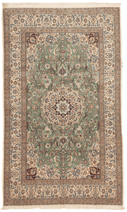 Grand tapis Naïn persan fond vert 300x210 cm noué main laine motifs traditionnels Iran