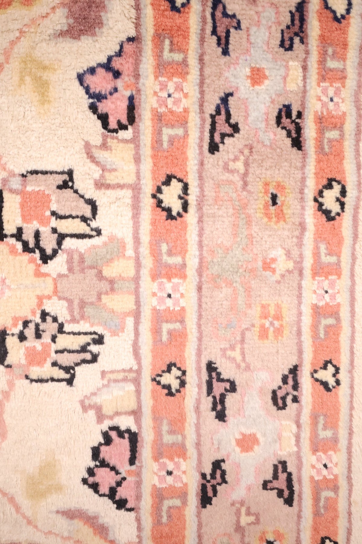 Bordure gris-rose à fleurons et contre-bordures orangées du tapis PLS