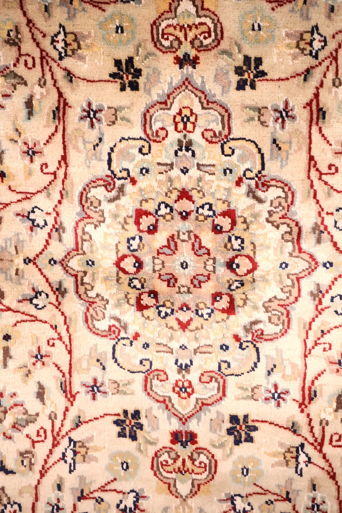 Détail du médaillon central lobé et des rinceaux rouges du tapis PLS beige