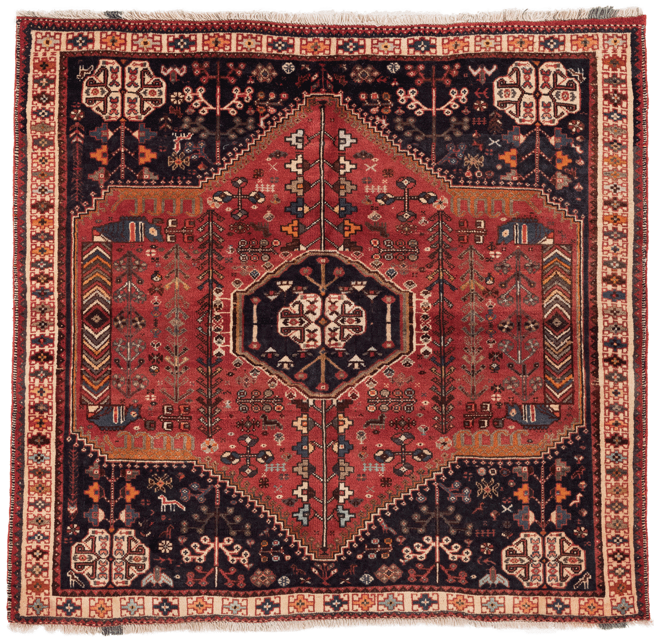 Tapis Qashqai persan carré fait main en laine – vue de face, 200 × 190 cm – Baba Rug, Paris
