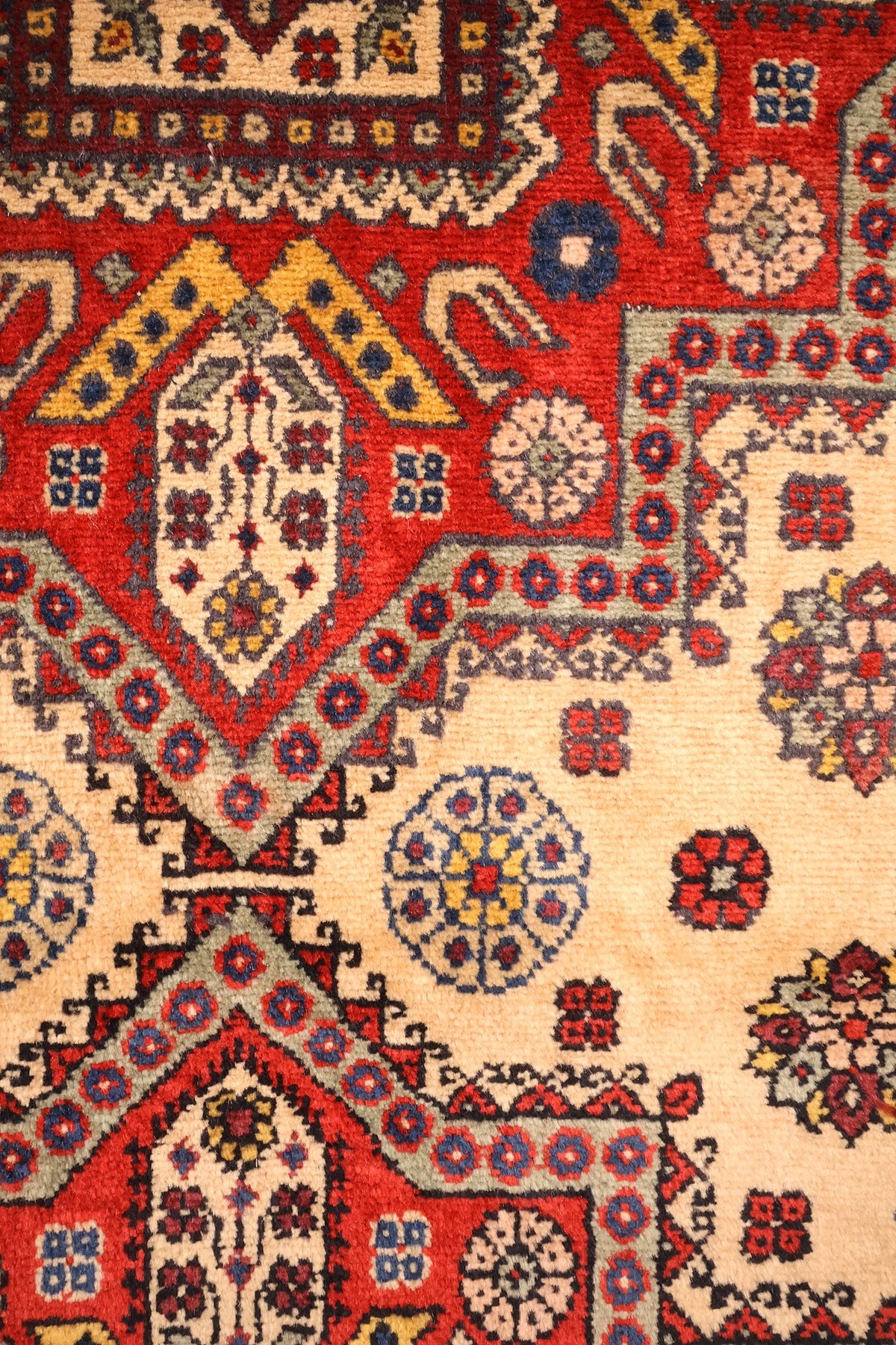 Détail du médaillon rouge crantédu tapis Shirvan, rosettes et fleurs stylisées