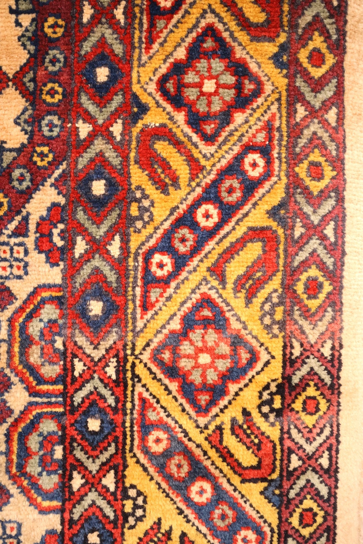 Bordure jaune du tapis Shirvan, losanges bleus et contre-bordures rouges