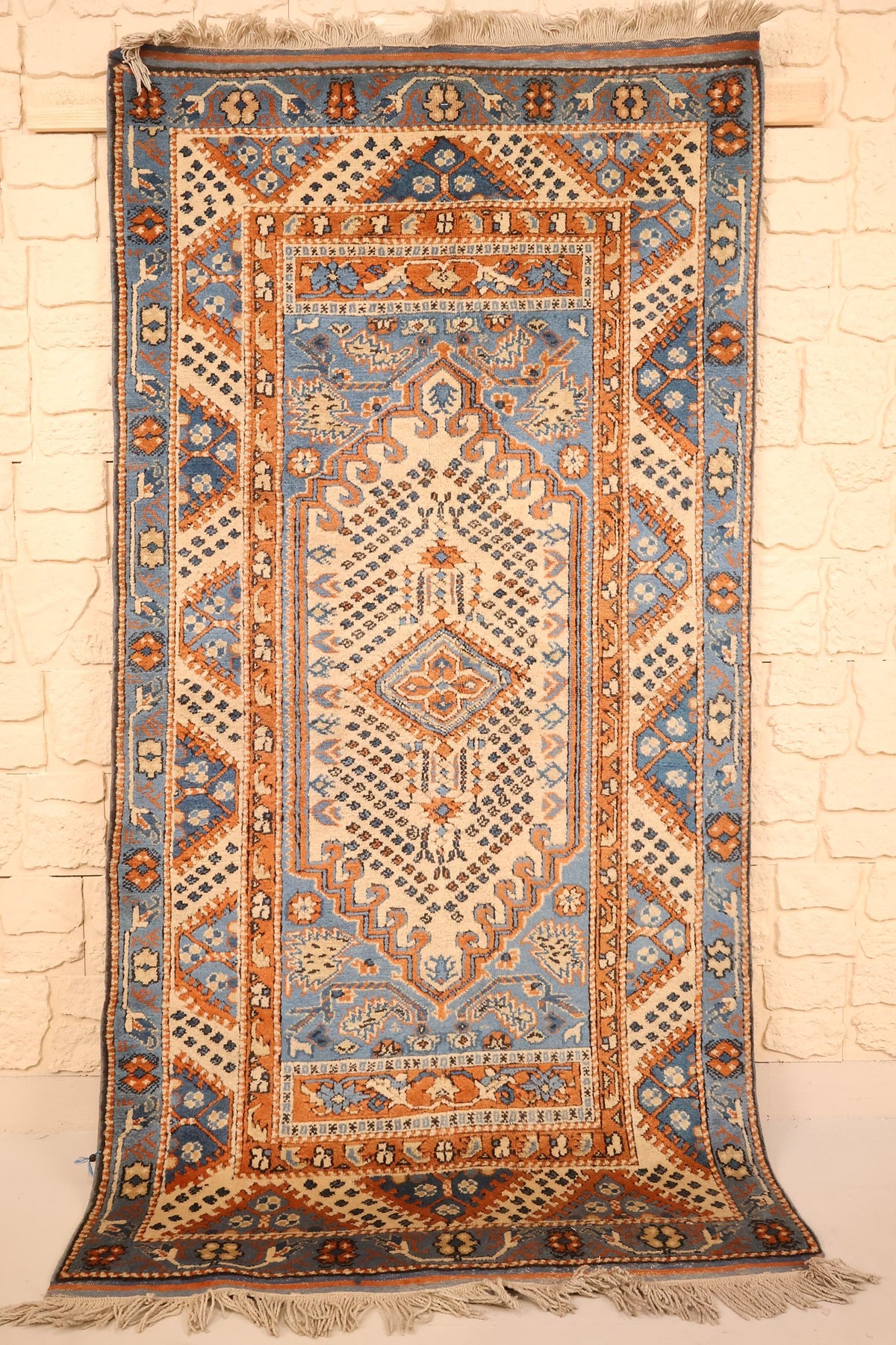 Tapis Shirvan beige et bleu 200 × 102 cm, vue d'ensemble avec franges claires