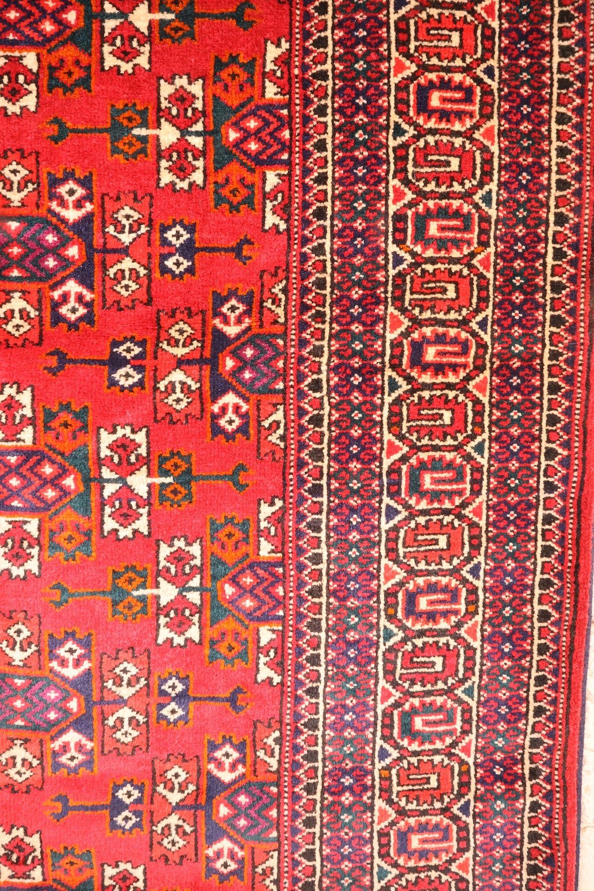 Bordures multiples du tapis Yomut rouge, galons bleu nuit et motifs en crochet