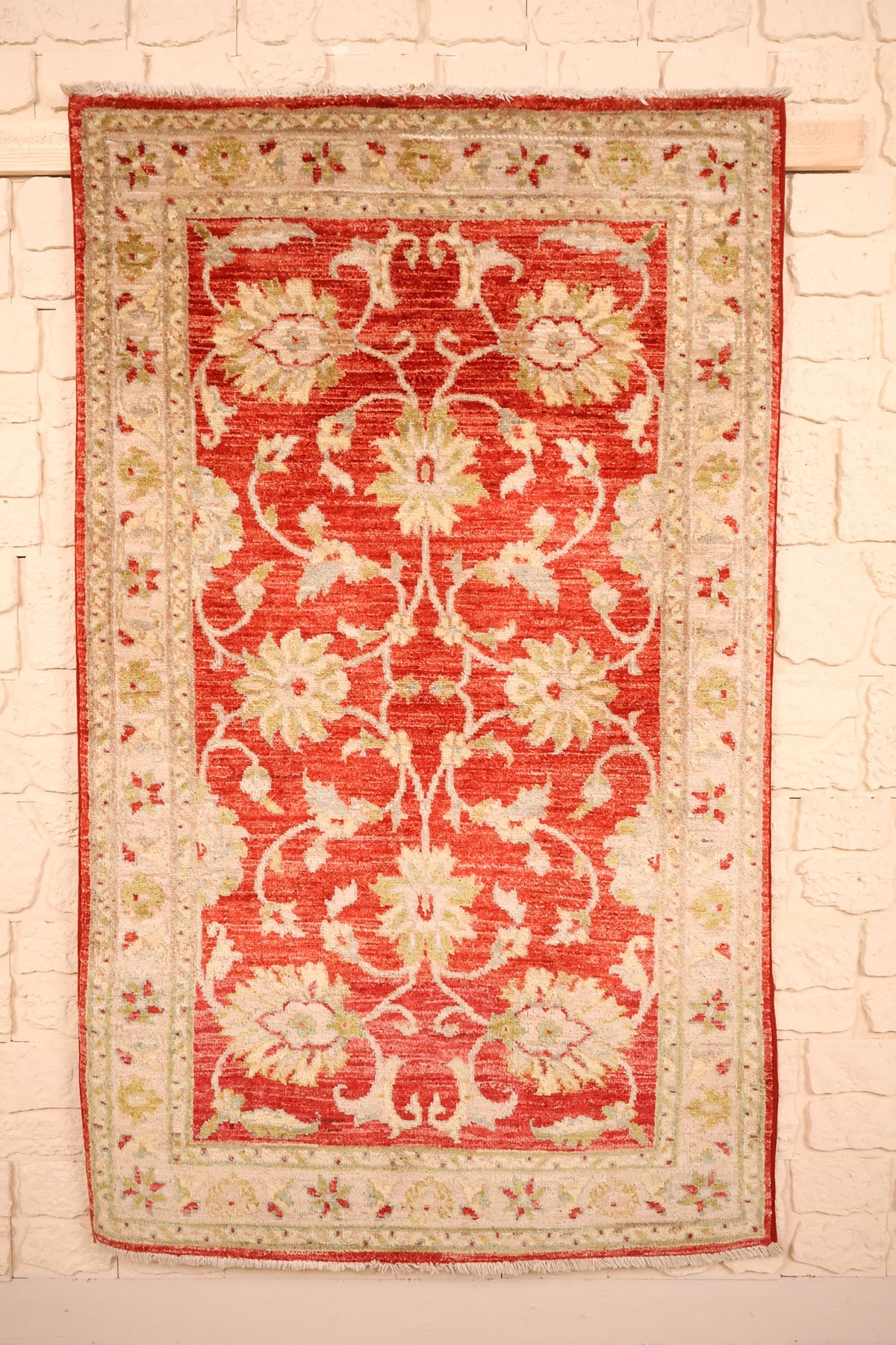 Tapis Ziegler rouge 157 × 95 cm, vue d'ensemble du champ fleuri à bordure ivoire